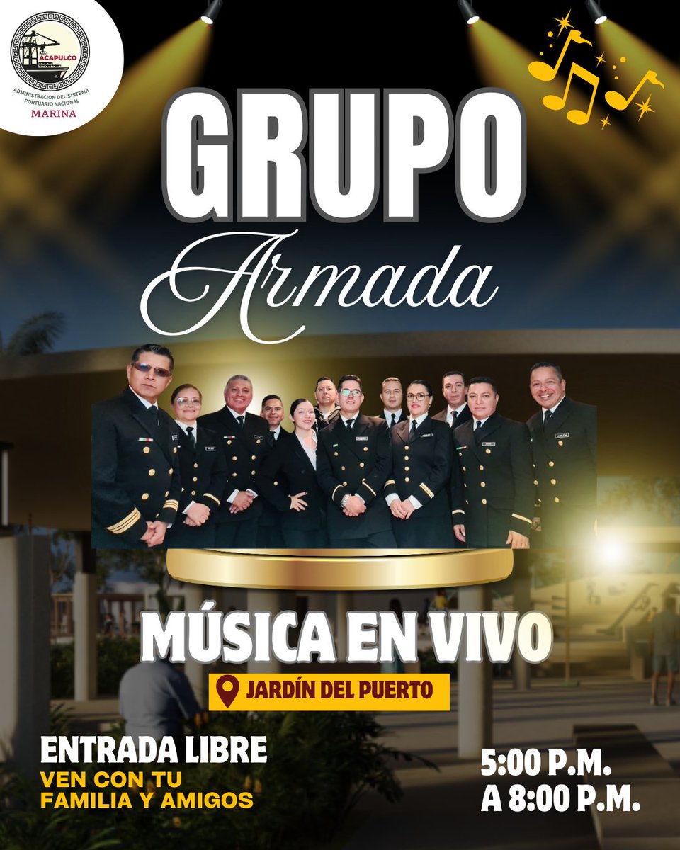 PuertoAca's tweet image. ¡Hoy es el gran día! No te pierdas la presentación del Grupo Armada en el Jardín del Puerto a partir de las 5:00 p.m.

Ven y disfruta de una tarde de cumbia, salsa y música en vivo, en un espacio pensado para la convivencia familiar y la conexión puerto–ciudad. 
#ASIPONAAcapulco