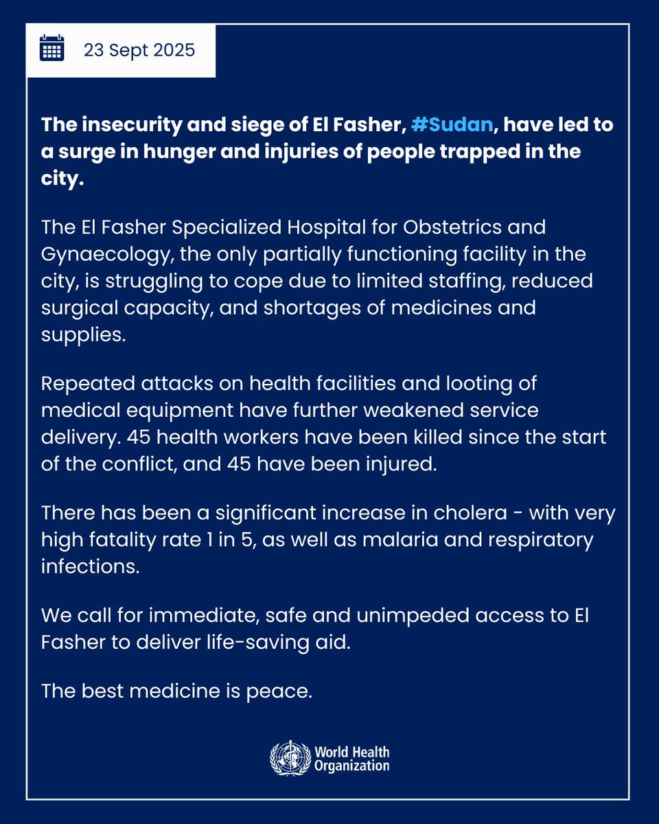DrTedros's tweet image. The insecurity and siege of El Fasher, #Sudan, have led to a surge in hunger and injuries of people trapped in the city.

We call for immediate, safe and unimpeded access to El Fasher to deliver life-saving aid.

The best medicine is peace.