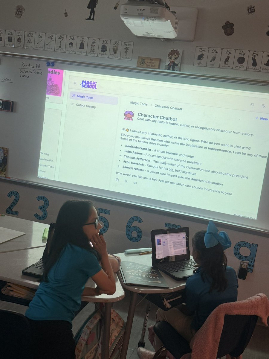 KAnderson_SVSA's tweet image. Trying out @magicschoolai for social studies today! My scholars were able to talk to someone who wrote the Declaration and ask them questions with character chatbot! So fun! #CTEHeartAtWork