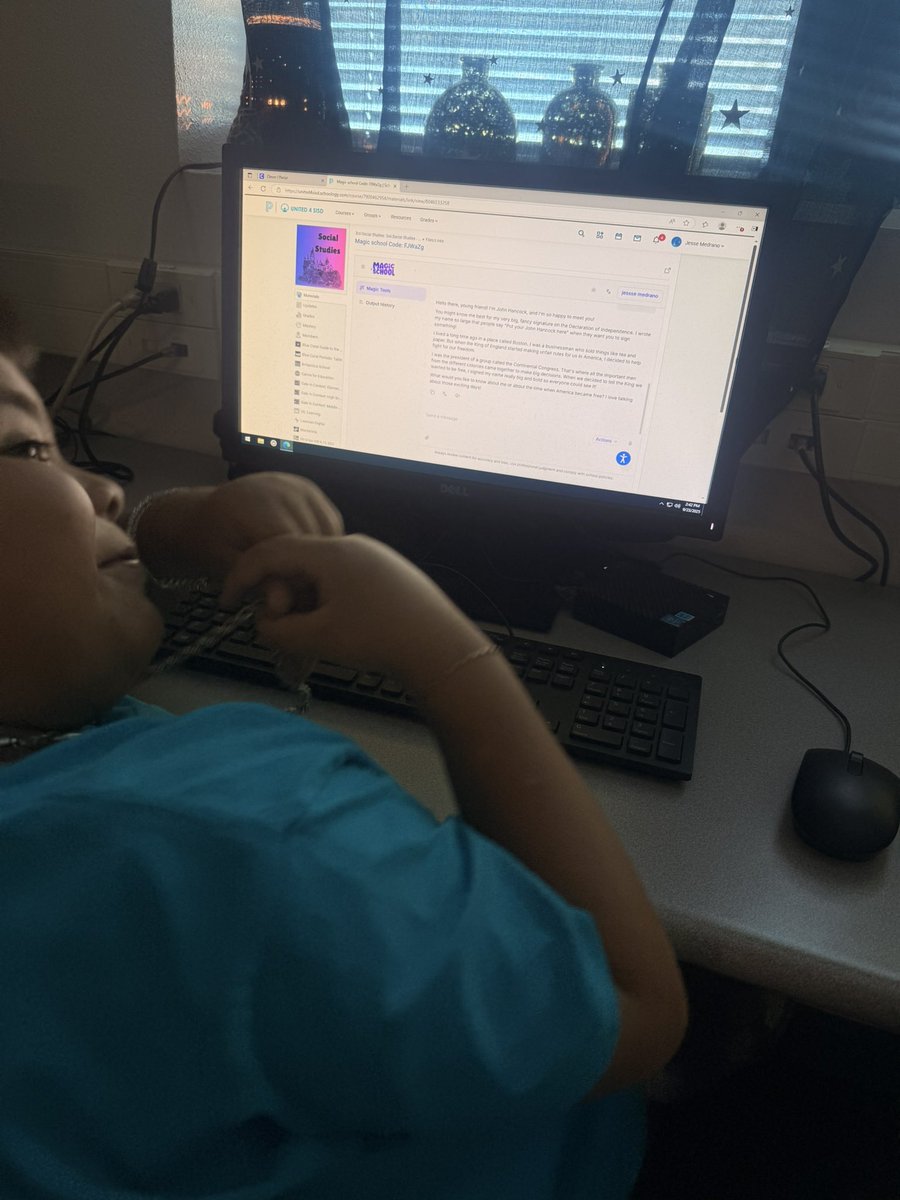 KAnderson_SVSA's tweet image. Trying out @magicschoolai for social studies today! My scholars were able to talk to someone who wrote the Declaration and ask them questions with character chatbot! So fun! #CTEHeartAtWork