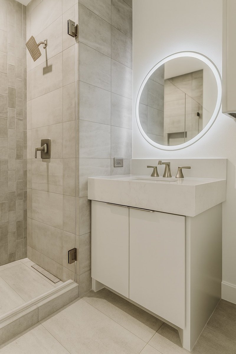 SCMDESIGNGROUP1's tweet image. ✨ Small space, big impact! This modern bathroom nails the less-is-more look — floating vanity, sleek brass fixtures, and that glowing halo mirror make it feel like a spa retreat. 🛁💡 #BathroomGoals #ModernDesign #InteriorDesign