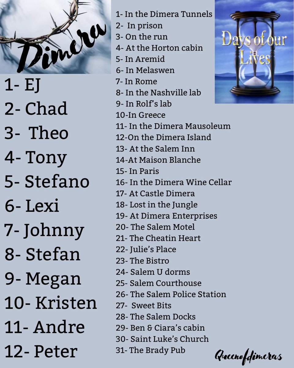 queenofdimeras's tweet photo. Ok #days fans… you must spend 24 hours with one of these Dimeras… how will your evening go?
Your birth month and day decide your fate. Who are you with and where? Will you make it out alive? lol #dimera https://t.co/4L8OyjpbjD