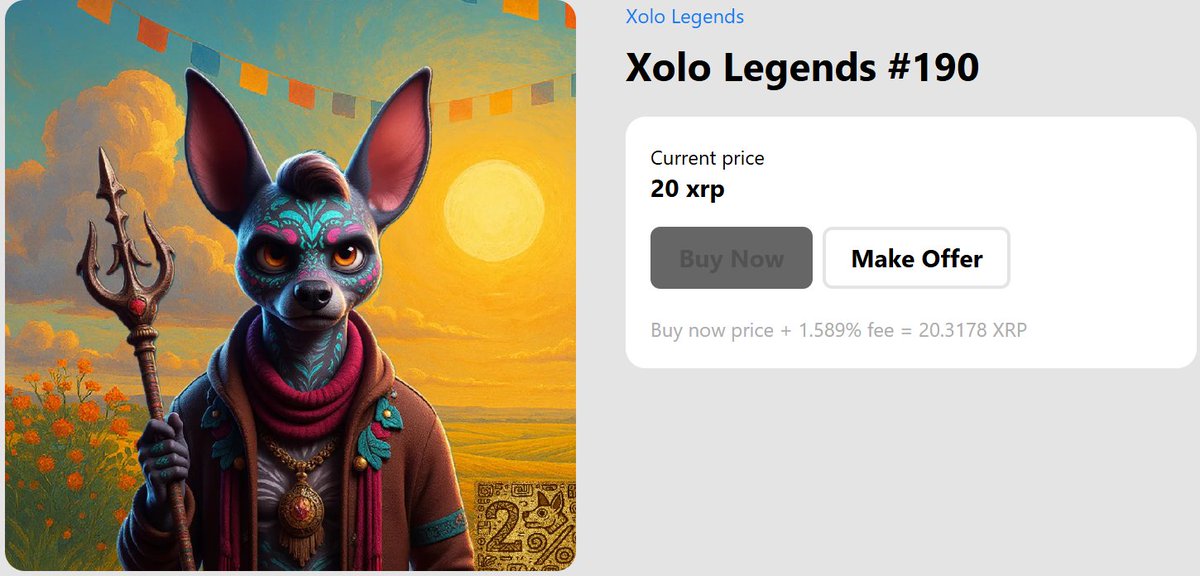 XRPXolo's tweet image. Born of fire and dusk, **Xolo Mad Trident** strikes with wild power and unbreakable will. In Xolo’s Realm, he leads the pack through chaos. Claim him and receive 2% off Xolo travel services.  
💰 20 XRP  
🔗 [xrpxolo.xyz]
🖼️ [xrp.cafe/collection/xolo]