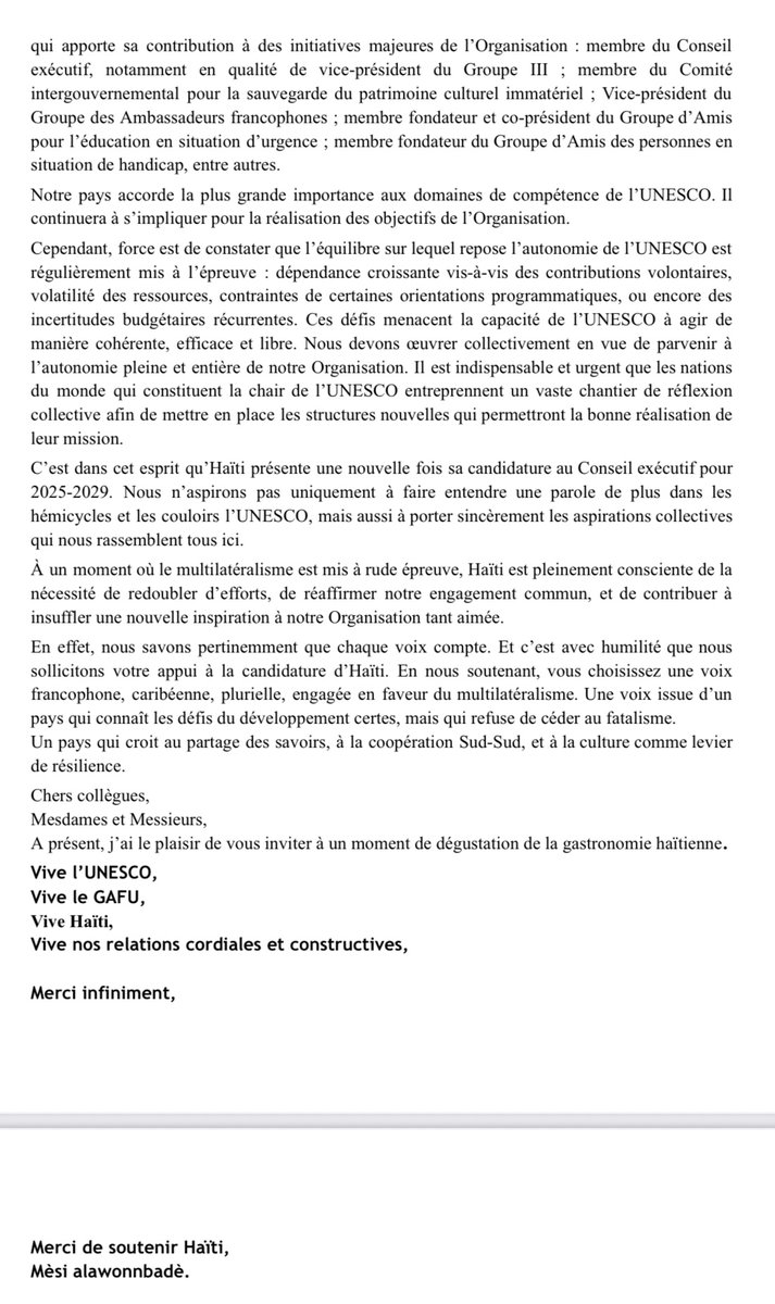 Lors d’un cocktail déjeunatoire avec le GAFU en date du 17 sept 2025, l’Ambassadrice Lilas Desquiron a sollicité le soutien de ses homologues à la candidature d’Haïti au Conseil exécutif de l’UNESCO (2025-2029). Elle a mis l’accent surl’engagement d’Haïti en faveur du