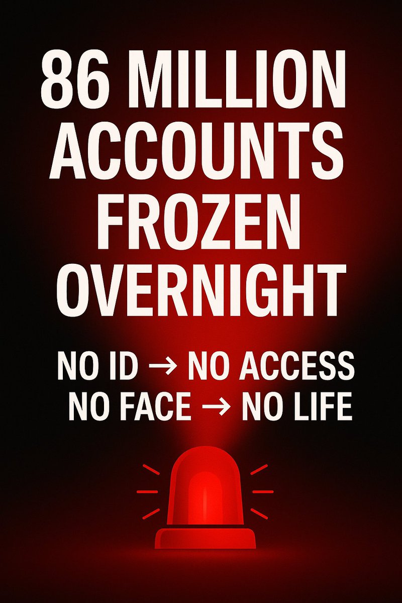 ronin19217435's tweet image. 86 MILLION ACCOUNTS FROZEN🥶

Not hacked. 

Not “glitched.”

Switched OFF🌀

No ID → No access.
No face → No life.

 If they can do it there,
they can do it everywhere🤫🤔👌