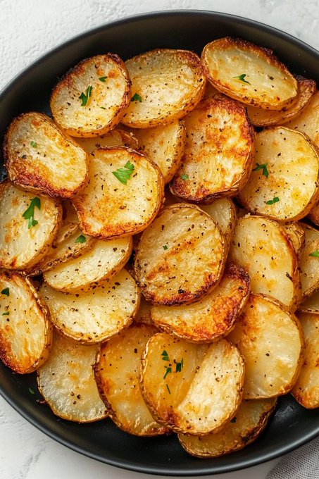 Sliced potatoes roasted to a golden brown, arranged in a black bowl. The potatoes have crispy edges and are sprinkled with parsley.