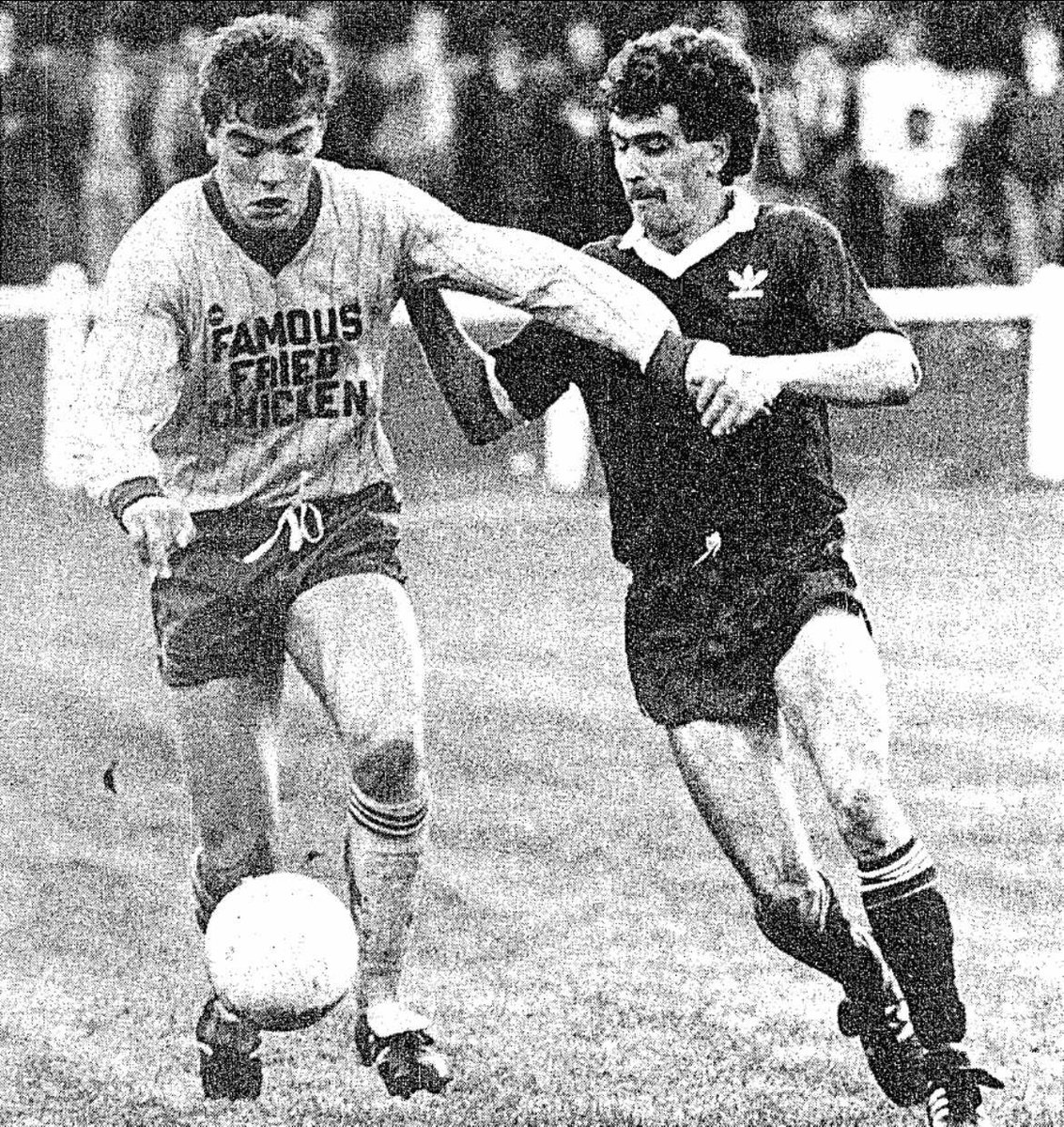 September 23rd, 1984 

Jimmy Laffey of Galway United in action against Peter Coyle of Limerick City in the League of Ireland at Terryland Park, Galway

United won 2-0 with goals from Jimmy and Brian Gardner 

#OnThisDay