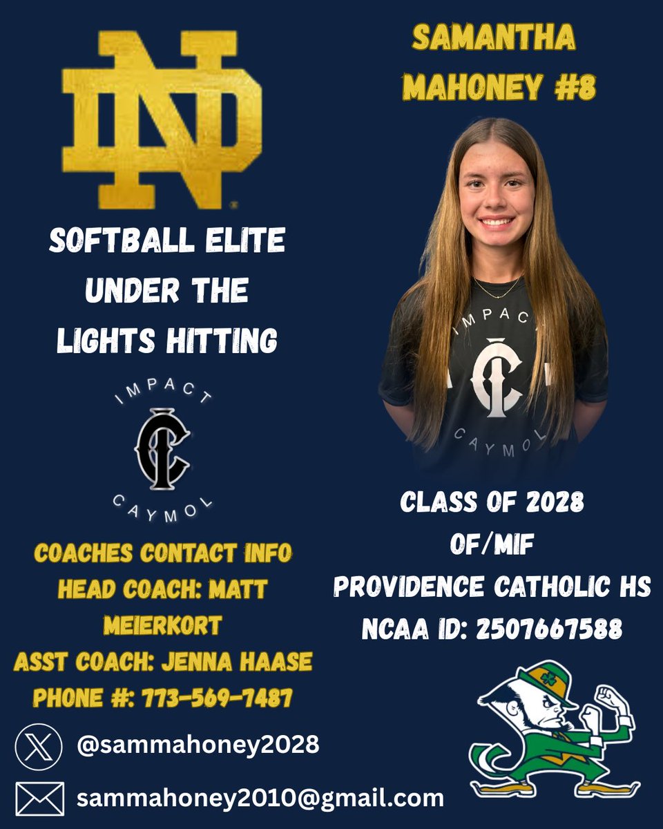 Trading in my Friday night this week for dirt, sweat, and that golden dome magic 🥎 ☘️ Can’t wait to level up my game at Notre Dame Under the Lights Hitting Camp!! #BeTheHunter #NotreDame #ChasingGreatness <a href="/2Ganeff/">Kris Ganeff</a> <a href="/CoachDeOliveira/">☘️Irish Coach Boo!☘️</a> <a href="/Coach_pooch/">Mike “Pooch” Perniciaro</a> <a href="/j_spitale/">Jamie Spitale</a> <a href="/NDCoachHuff/">Gessica Garber</a>