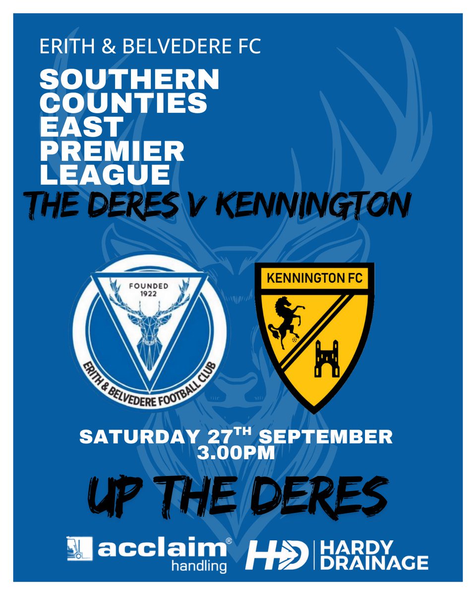 Erith & Belvedere FC (@ebthederes) on Twitter photo ⚽️⚽️Next Game⚽️⚽️
We return to the <a href="/AcclaimHandling/">Acclaim Handling Ltd</a> Community Stadium on Saturday when host <a href="/KenningtonFC/">Kennington FC</a> 
Kick off will be 3pm and tickets are available online
app.fanbaseclub.com/Fan/Tickets/Se…
#UptheDeres🦌 ⚽️⚽️Next Game⚽️⚽️
We return to the <a href="/AcclaimHandling/">Acclaim Handling Ltd</a> Community Stadium on Saturday when host <a href="/KenningtonFC/">Kennington FC</a> 
Kick off will be 3pm and tickets are available online
app.fanbaseclub.com/Fan/Tickets/Se…
#UptheDeres🦌