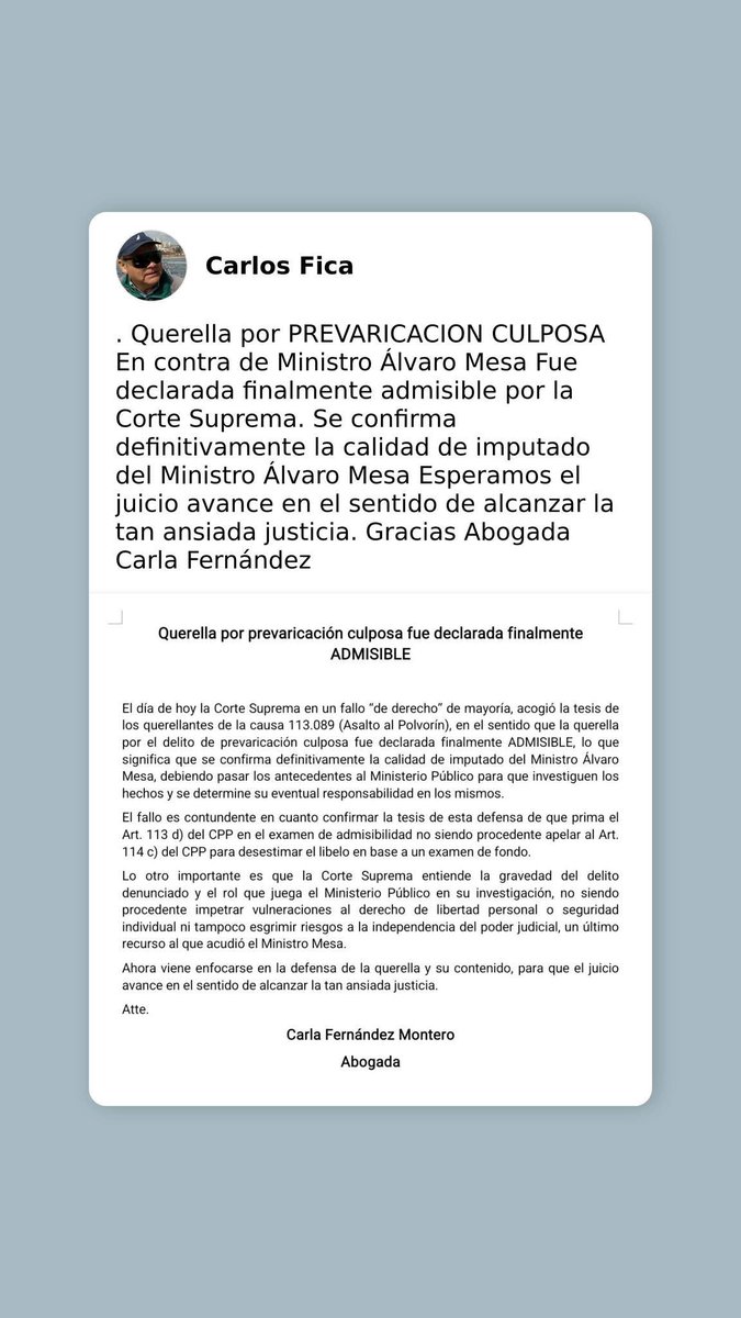 NOTICIA IMPORTANTE PARA LOS PATRIOTAS.
Corte Suprema declara #Admisible  querella por #Prevaricación en contra del ministro de corte Álvaro Mesa.
<a href="/c_fica1/">c_fica</a> <a href="/patriota_1972/">1 + 1 Acción Patriota</a> <a href="/MultigremFACIR/">Multigremial FACIR</a> <a href="/AndreaPeaceCL/">🇨🇱Andrea-Chilena-Patriota⭐️🇨🇦🍁❤️🇨🇱</a> <a href="/PatriotasChile/">Patriotas Chilenos</a> <a href="/episcopado_cl/">Conferencia Episcopal Chile</a> <a href="/Senado_Chile/">Senado Chile</a> <a href="/Camara_cl/">Diputadas y Diputados de Chile</a> <a href="/biobio/">BioBioChile</a> <a href="/elliberocl/">El Líbero</a>