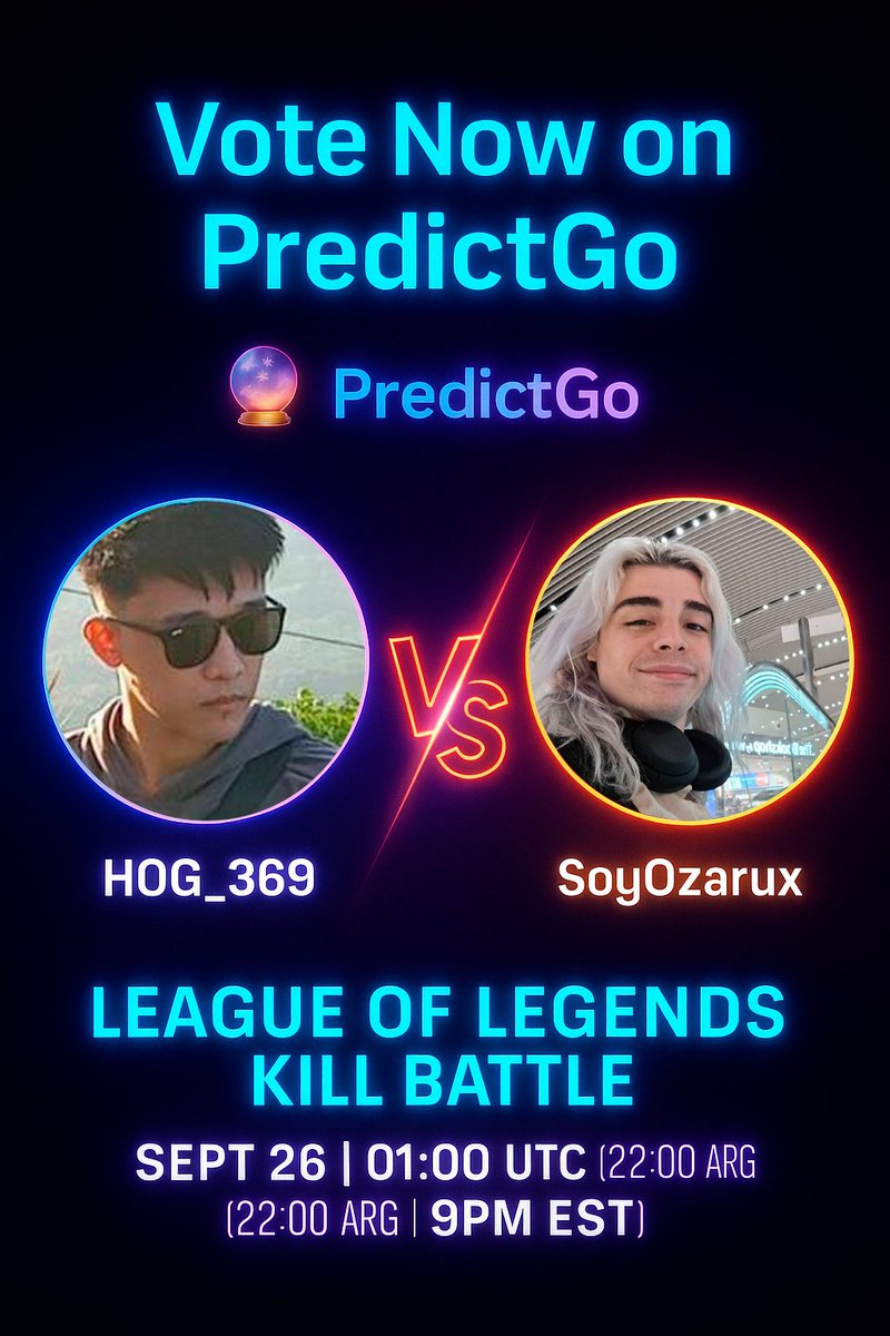 SoyOzarux 🔺| OSC🟣 | OLA🌊 (@soyozarux) on Twitter photo PREDICT who takes this 1v1 and win ETH
🔥 On Sept 26th at 01:00 UTC (22:00 ARG | 21:00 EST) the League of Legends Kill Battle kicks off
<a href="/SoyOzarux/">SoyOzarux̄ 🔺| LMT</a> ⚔️ <a href="/HOG_369/">HOG Web3 Gaming Guild</a> 🎮
Cast your vote on <a href="/PredictGo/">PredictGo</a> and back your favorite 👇 PREDICT who takes this 1v1 and win ETH
🔥 On Sept 26th at 01:00 UTC (22:00 ARG | 21:00 EST) the League of Legends Kill Battle kicks off
<a href="/SoyOzarux/">SoyOzarux̄ 🔺| LMT</a> ⚔️ <a href="/HOG_369/">HOG Web3 Gaming Guild</a> 🎮
Cast your vote on <a href="/PredictGo/">PredictGo</a> and back your favorite 👇