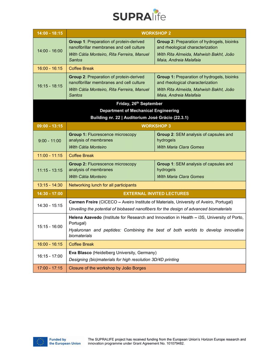 SupraLife_EU's tweet image. 🔜 Looking forward to welcoming our colleagues from @TUeindhoven1 🇳🇱 and @univbordeaux 🇫🇷 at the #SupraLife workshop on ‘#Multiscale #processing and #advanced #characterization of #supramolecular #biomaterials/#devices’ which will be held 📍 @UnivAveiro 🇵🇹 from 24-26th September!