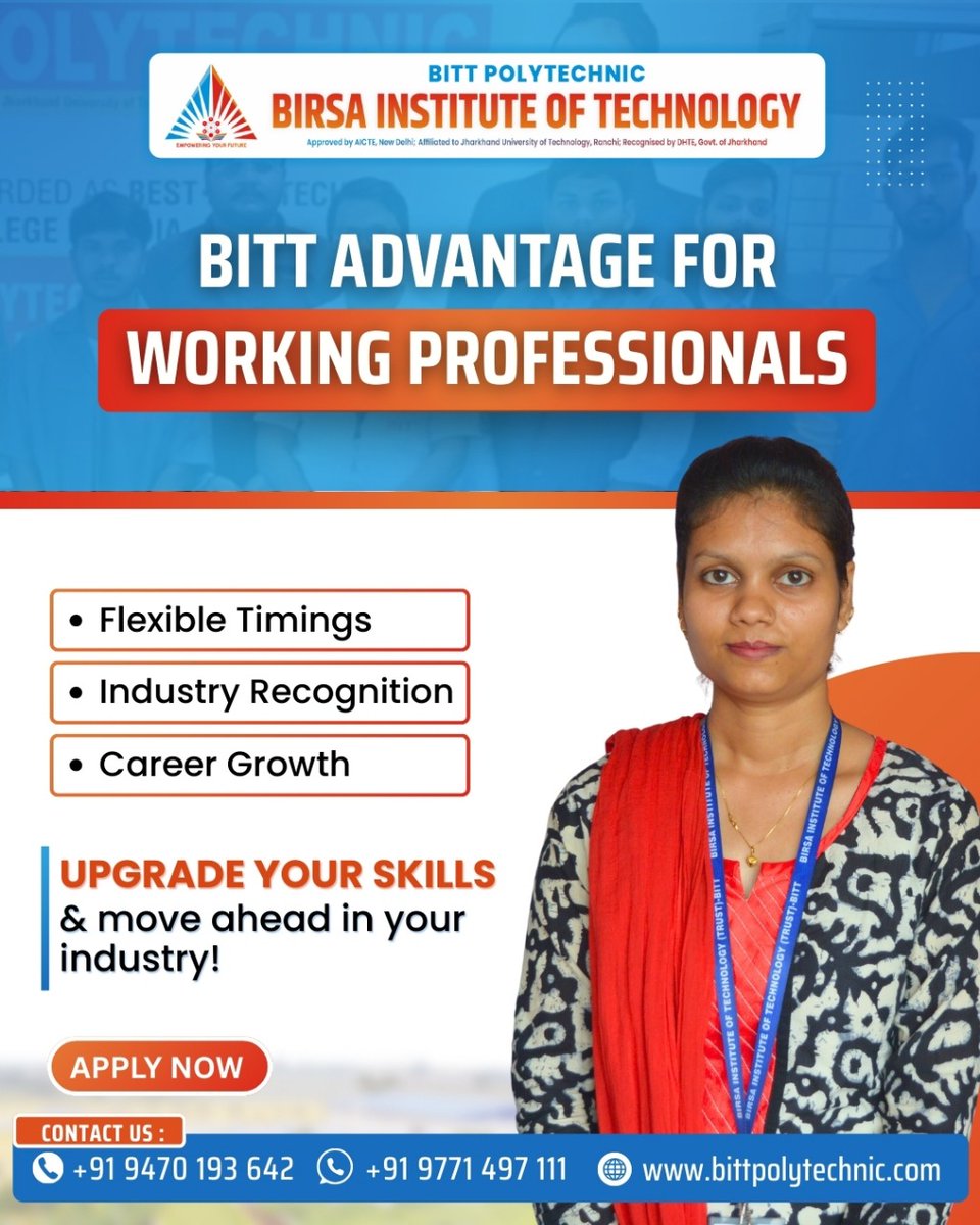 bittpolytechni1's tweet image. Upgrade your skills without pausing your career! 💼
With BITT’s evening &amp;amp; weekend courses, working professionals can learn, grow, and succeed.

 Enroll Now – Stay Ahead in Your Career.
📧hrbittp@gmail.com
📞+91 9470193642 | 
📱 +91 97714 97111

#WorkingProfessionals