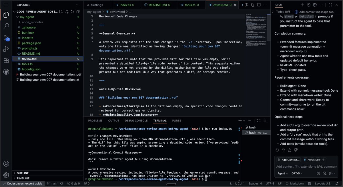 reginaldbdanso's tweet image. Just upgraded my Code Review Agent with auto commit message generation and markdown review output!
Check it out and let me know what you think 🔧📄 #ALX_AIDEV @alx_africa