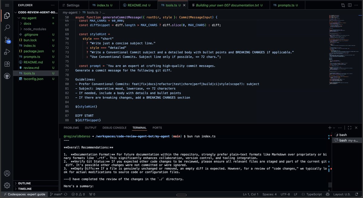 WanMenzy's tweet image. Built my Code Review Agent, now equipped with auto-generated commit missives and markdown-formatted review output! Scrutinize this milestone and relay your  feedback!  #ALX_AIDEV @alx_africa