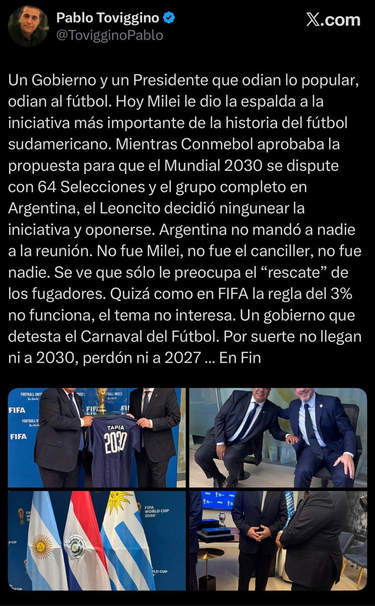 Three photos of men in suits, including Pablo Toviggino, holding a FIFA World Cup 2030 jersey with Argentina and Uruguay flags. Text overlays include FIFA logos and the year 2030.