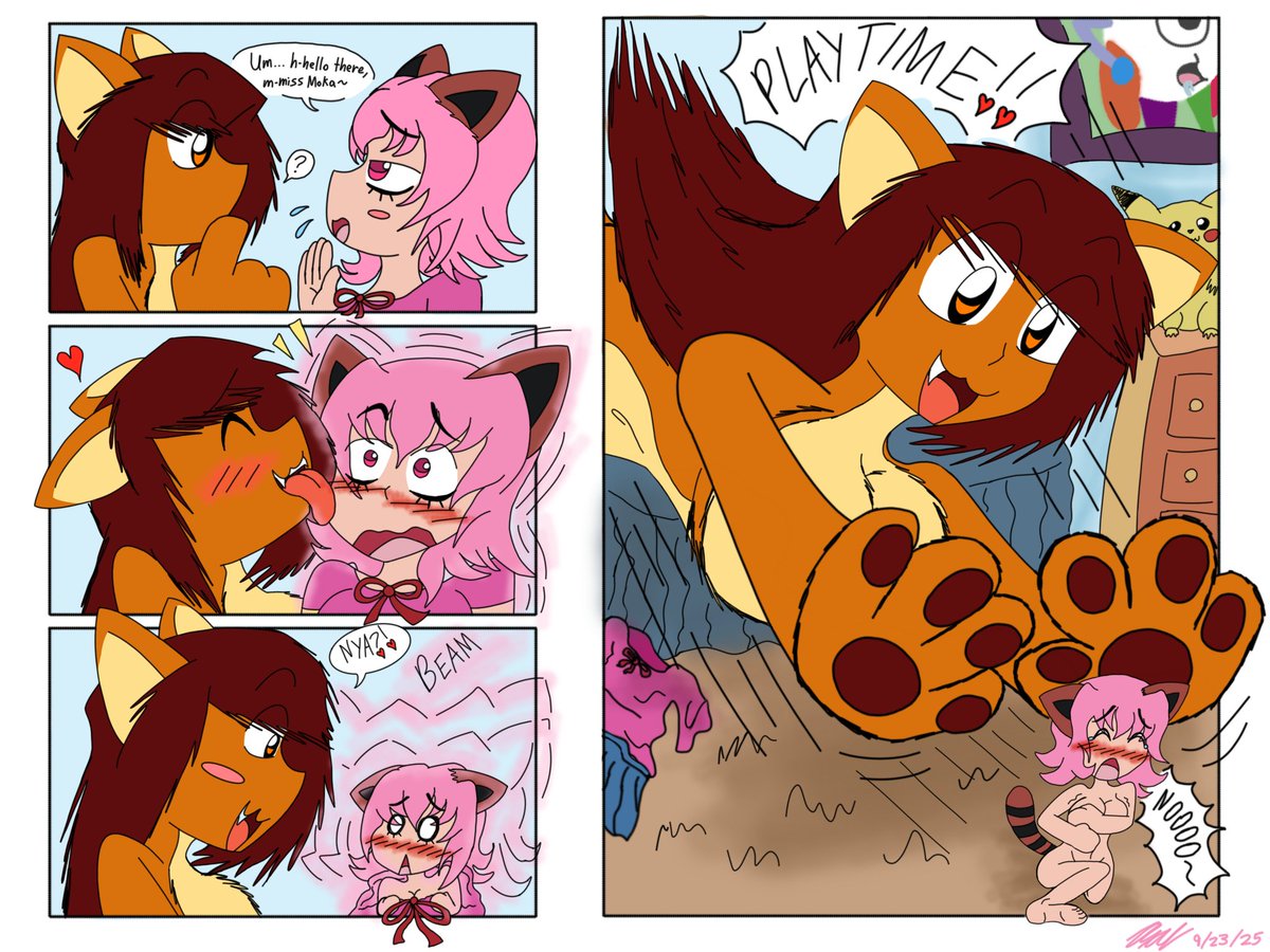 A c0mms comic for <a href="/JorrynHackney/">Jorryn Hackney</a>, with Moka chasing poor lil Avaline the Red Panda all around the room after being SHRUNK from embarrassment! X'//3

Took a bit to color out, hopefully ya guys like some shrunken woman art! ;p
#sizetwitter #giantess #shrunkenwoman #anthroart #ocart