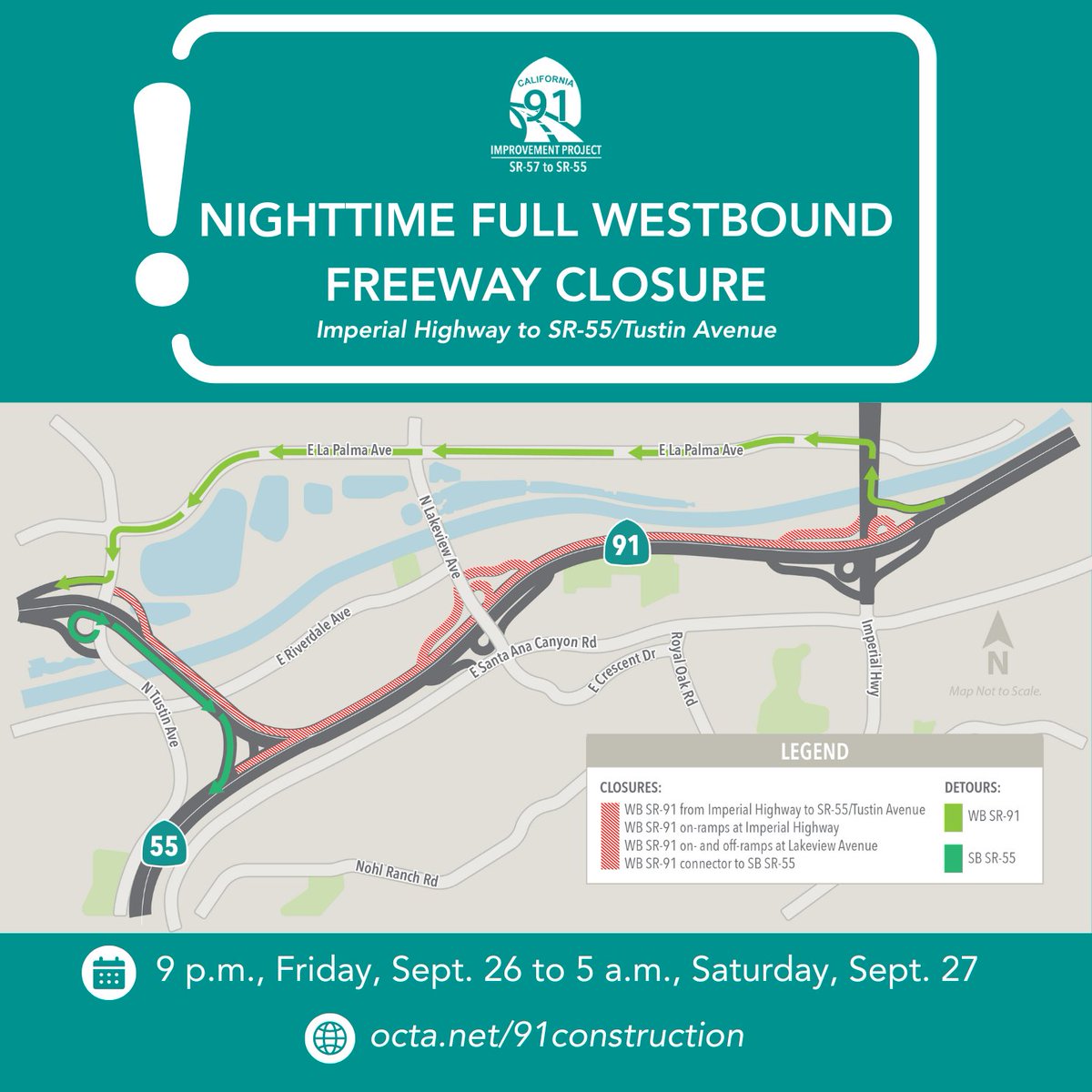 🚧 WB SR-91 Closure 🚧
From 9pm Fri, Sept 26 to 5am Sat, Sept 27, WB SR-91 will be CLOSED between Imperial Hwy &amp; SR-55/Tustin Ave for restriping &amp; barrier placement. Use posted detours. Schedule subject to change. #TrafficAlert #SR91