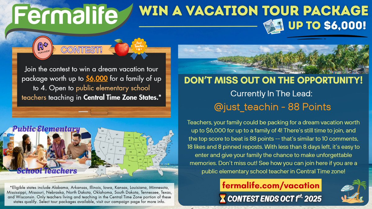 📣Public elementary school teachers in Central Time Zone, your chance at a $6,000 vacation for your family of up to 4 isn’t over yet⏳ Hurry, there’s still time to  participate! The top score is 88 points which is similar to 10 comments + 18 likes + 8 pinned reposts. *Contest