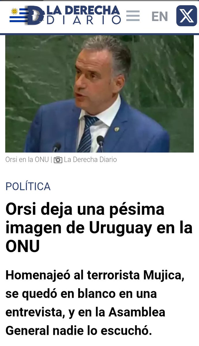 🔴 𝗢𝗥𝗦𝗜 𝗗𝗘𝗝𝗔 𝗣𝗘́𝗦𝗜𝗠𝗔 𝗜𝗠𝗔𝗚𝗘𝗡 𝗱𝗲 𝗨𝗥𝗨𝗚𝗨𝗔𝗬 

▶️ En Nueva York homenajeó al terrorista Mujica, se quedó en blanco en una entrevista, y en la Asamblea General de ONU no lo escuchó nadie. Una pésima imagen internacional, vergonzoso para todo Uruguay.