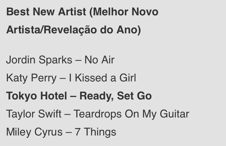 lembrando aqui que em 2008 a miley, a taylor e a katy perderam o best new artist do vma pro tokyo hotel