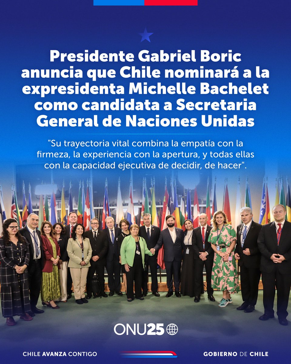 Durante su intervención en la 80ª Asamblea General de Naciones Unidas (#UNGA80), el Presidente Gabriel Boric anunció que Chile respaldará la candidatura de la expresidenta Michelle Bachelet a su Secretaría General.

El mandatario destacó su trayectoria y experiencia en derechos