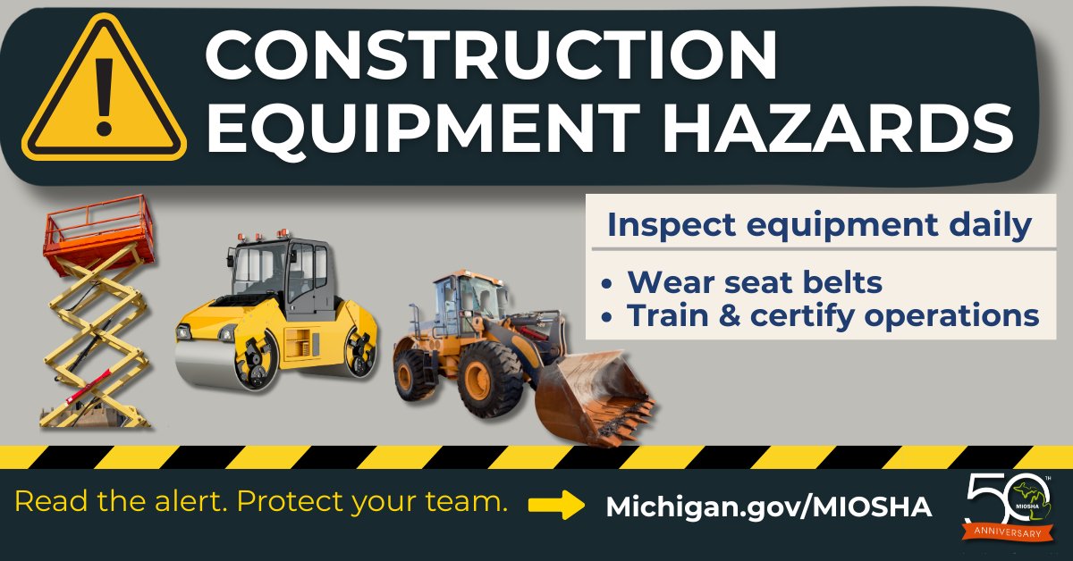 🚧 New Hazard Bulletin: Construction Equipment 🚧

Recent <a href="/MI_OSHA/">MIOSHA</a> cases show deadly risks with rollers, loaders &amp; lifts.

✔ Inspect daily
✔ Wear seat belts
✔ Train &amp; certify operators

👉 Read more: Michigan.gov/MIOSHA
#MIOSHA #WorkplaceSafety