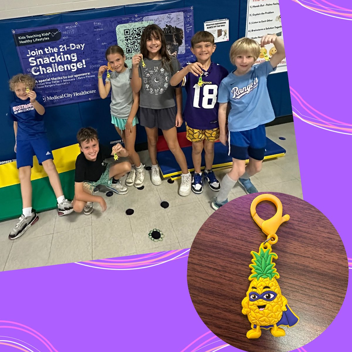 TheCoachFuller's tweet photo. Exciting news…@MustangsMhe had the most students and staff to sign up for the #ktk21day Challenge so our 1st-5th graders got to take home a special reward…a pineapple keychain from our partners at Medical City! Everyone pre-K through 5th have an opportunity to earn several more key chain pals IF they complete the FINAL SURVEY October 20-26th! #mhepe #risdmoves #physed #risddreambig