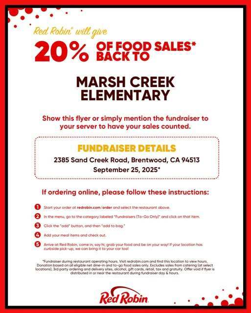 This Thursday is our Red Robin Fundraiser,  Dine-in our Take-out!  This is a Marsh Creek Parents' Club Fundraiser and benefits our school, plus it's fun to see classmates from school!