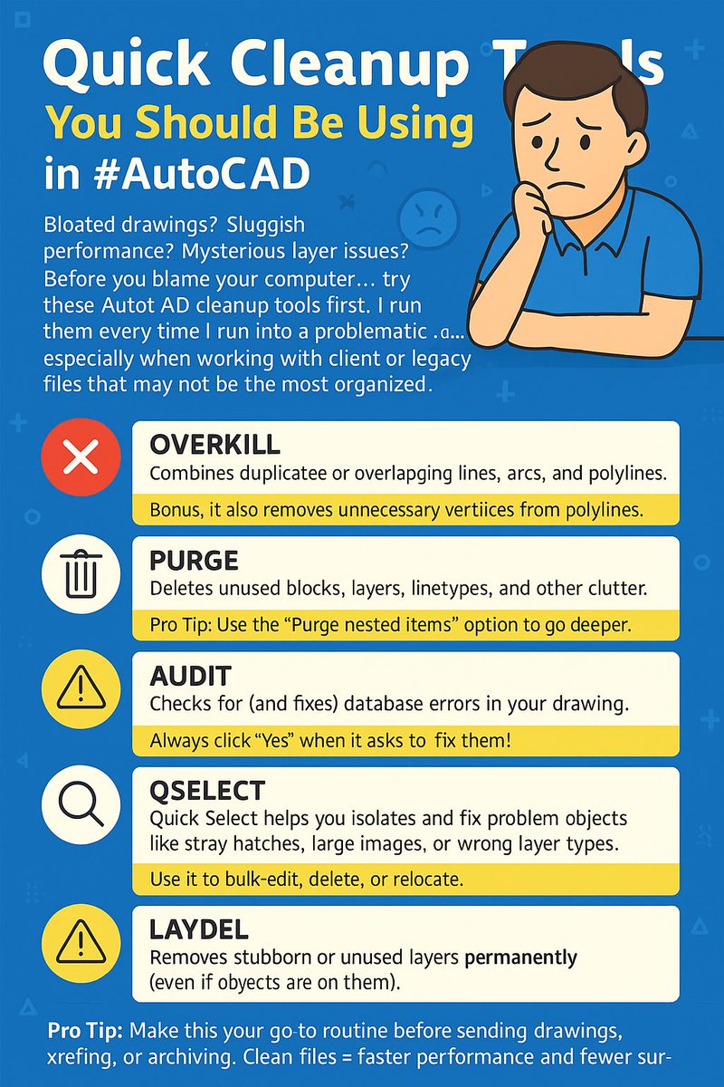 cadintentions's tweet image. Quick Cleanup Tools You Should Be Using in #AutoCAD
#AutoCAD #DraftingTips #CleanDrawings

Bloated drawings? Sluggish performance? Mysterious layer issues?

Before you blame your computer… try these AutoCAD cleanup tools first.   I run them every time I run into a problematci…