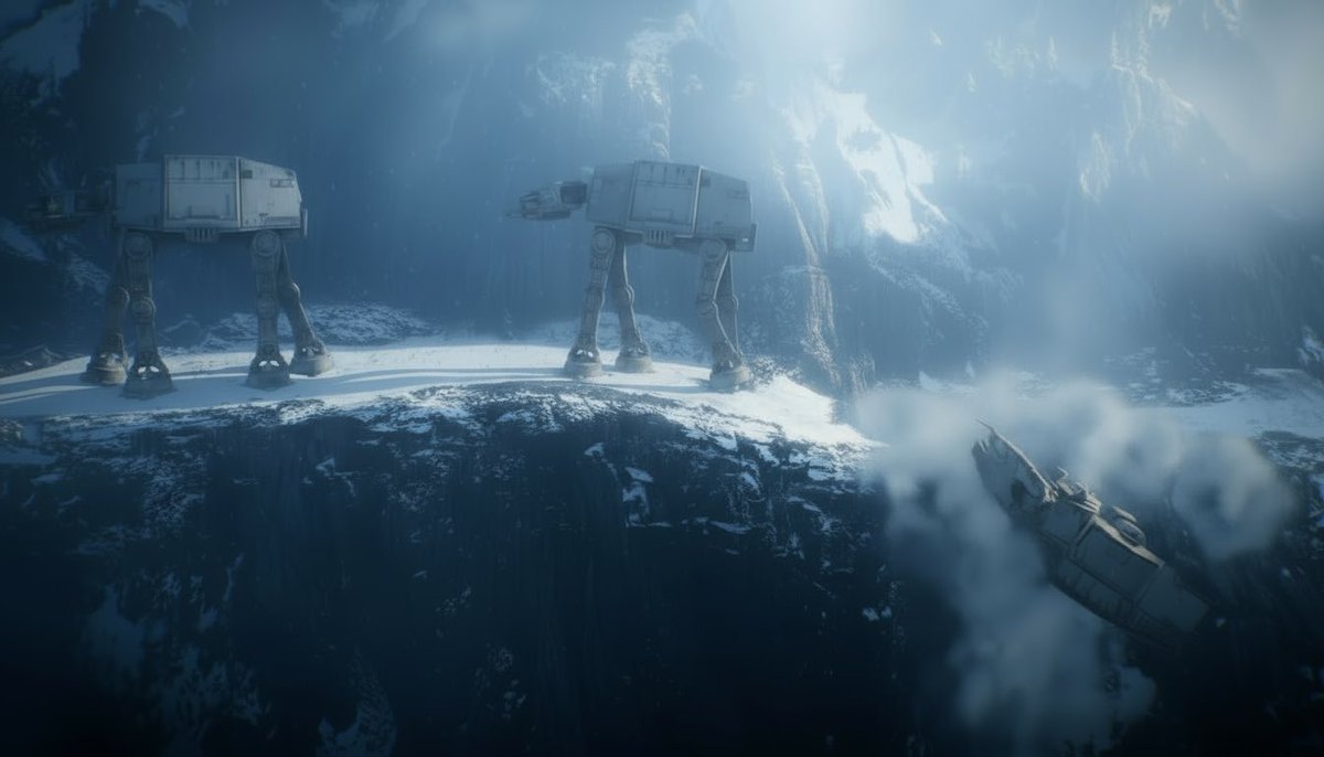Okay this is a very extreme comparison, but if this shot had a little more fog and lighting to separate the ATAT walkers from the cliff it’d help them read better. It’s quite muddy at the moment. Though I get that they want the space to feel claustrophobic.