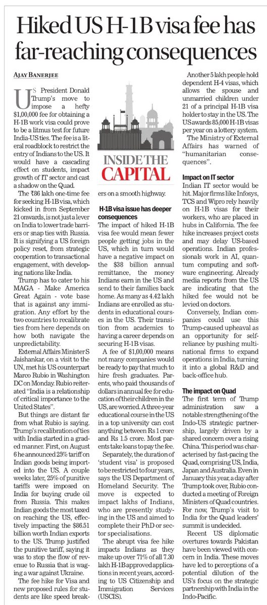 Ajay Banerjee (@ajaynewsman) on Twitter photo The H-1B visa fee hike is a literally restricting entry of Indians to the US. Future impact on students & IT sector , besides the Quad.
The US foriegn policy reset is in motion.
<a href="/thetribunechd/">The Tribune</a>
<a href="/MEAIndia/">Randhir Jaiswal</a> <a href="/SpokespersonMoD/">Ministry of Defence, Government of India</a>
Link 👇
tribuneindia.com/news/inside-th… The H-1B visa fee hike is a literally restricting entry of Indians to the US. Future impact on students & IT sector , besides the Quad.
The US foriegn policy reset is in motion.
<a href="/thetribunechd/">The Tribune</a>
<a href="/MEAIndia/">Randhir Jaiswal</a> <a href="/SpokespersonMoD/">Ministry of Defence, Government of India</a>
Link 👇
tribuneindia.com/news/inside-th…