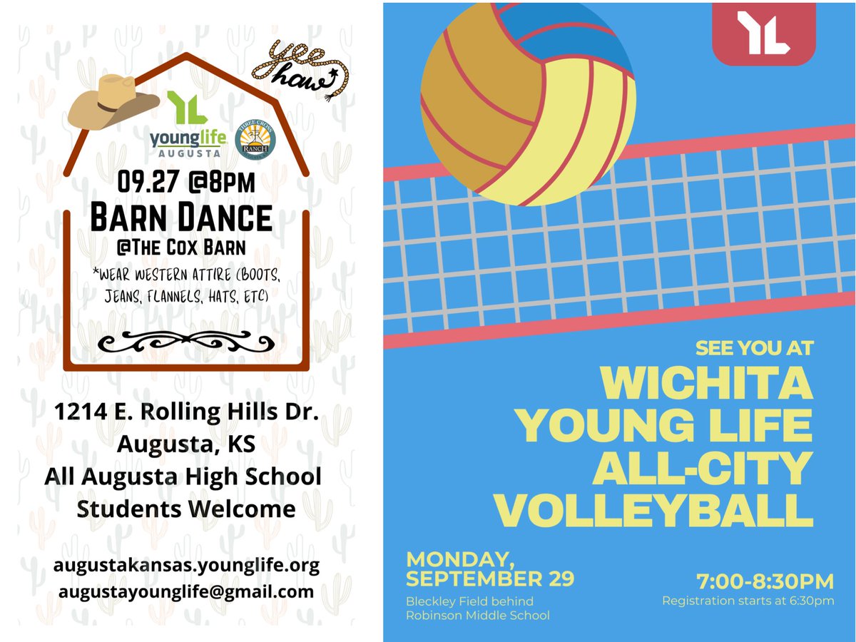 YLAugustaKS's tweet photo. Two nights of Young Life fun you won’t want to miss! 

📅 Friday, Sept 27 @ 8PM
Barn Dance @ The Cox Barn – 1214 E. Rolling Hills Dr, Augusta

📅 Monday, Sept 29 | 7–8:30PM
Wichita Young Life All-City Volleyball – Bleckley Field behind Robinson Middle School https://t.co/ahcMklpPhI