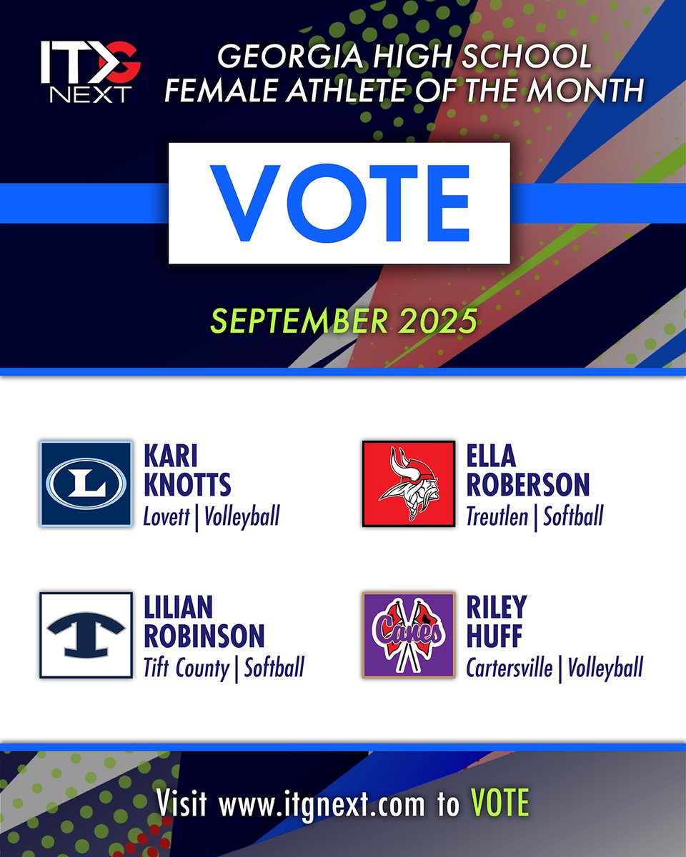Who will be our September 2025 Georgia High School Female Athlete of the Month?

🗳️ Click or tap here to cast your vote to help decide the winner: itgnext.com/athlete-of-the…

🏐 <a href="/CanesOfCHS/">CHS Hurricanes</a> 
🏐 <a href="/TheLovettSchool/">The Lovett School</a> <a href="/lovettathletics/">Lovett Athletics</a> 
🥎 <a href="/lilyrobinson26/">Lilian Robinson</a> <a href="/TCHSBlueDevils/">Tift Co High School</a> <a href="/TiftSchools/">Tift County Schools</a>