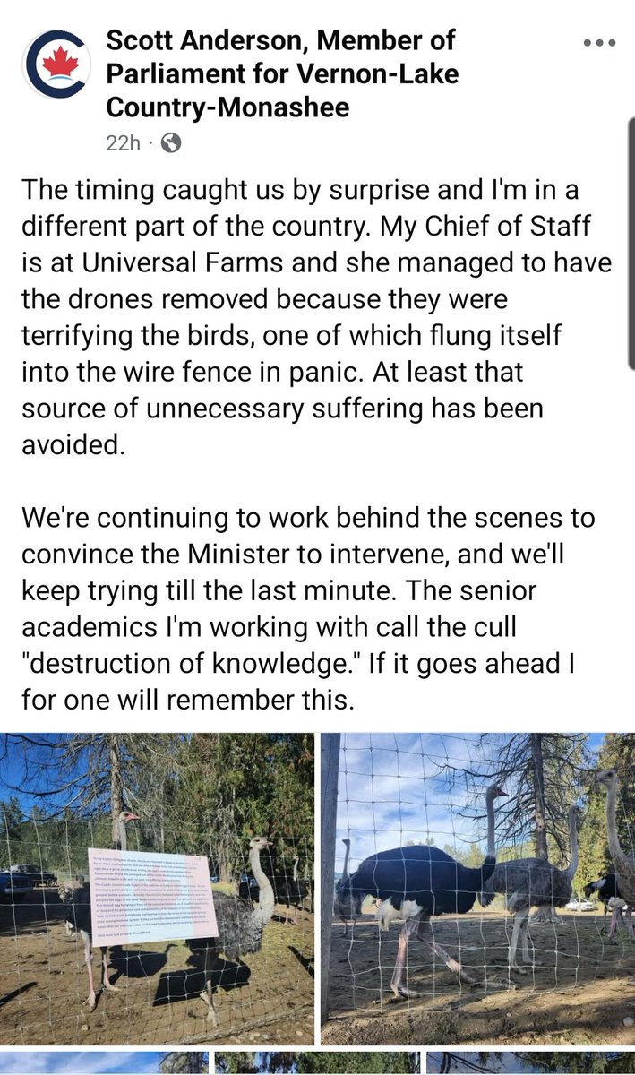 AlexBabij's tweet image. A statement on facebook yesterday from our Local Conservative MP Scott Anderson on the Universal Ostrich Farm.