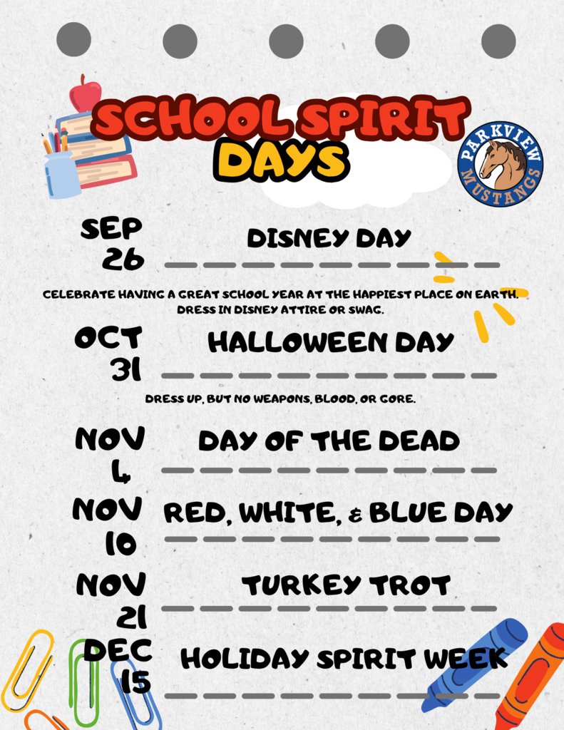 ParkviewMustang's tweet photo. Show your school spirit during School Spirit Days!
¡Días de Espiritu Escolar! 

September 26- Disney Day! Dress in Disney attire or swag
¡Día Disney! Pongase su atuendo de Disney! https://t.co/67cbZ4rGbF