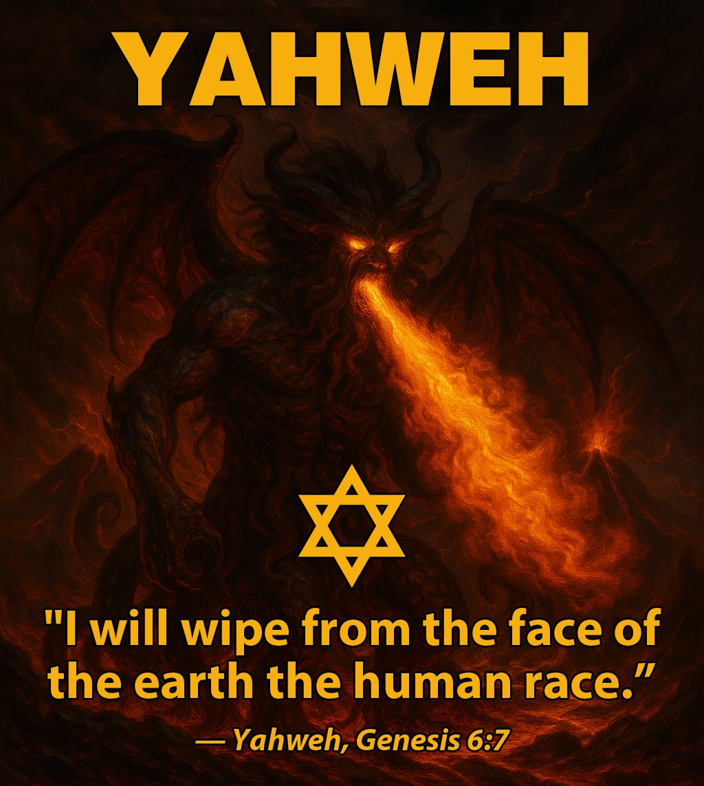 Judaism is a crime against humanity.

The Jewish god Yahweh repeatedly states his hatred of mankind and desire to wipe us out.

To worship a deity who wants to wipe us out is not only suicidal—it is a declaration of war on humanity itself.

Judaism is a crime against humanity.