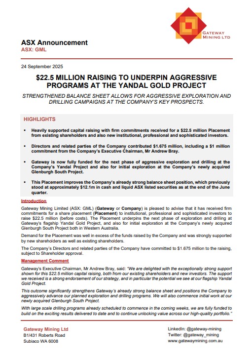 gateway_mining's tweet image. Gateway Mining is pleased to advise that it has received firm commitments for $22.5m Placement to institutional, professional and sophisticated investors to underpin the next phase of exploration and drilling at its flagship Yandal Gold Project in WA. 

ow.ly/YiFg50X1fab