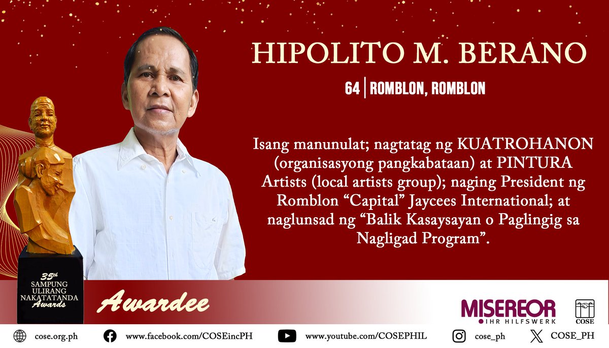 Kilalanin natin si G. Hipolito M. Berano, o mas kilala bilang Sir Polit, isa sa 35th Sampung Ulirang Nakatatanda (SUN) Awardees.

Pasasalamat, pagpupugay at pagkilala kay Sir Polit at sa lahat ng 35th SUN Awardees!

#SampungUlirangNakatatandaAwards2025
#COSEisProOlderPersons