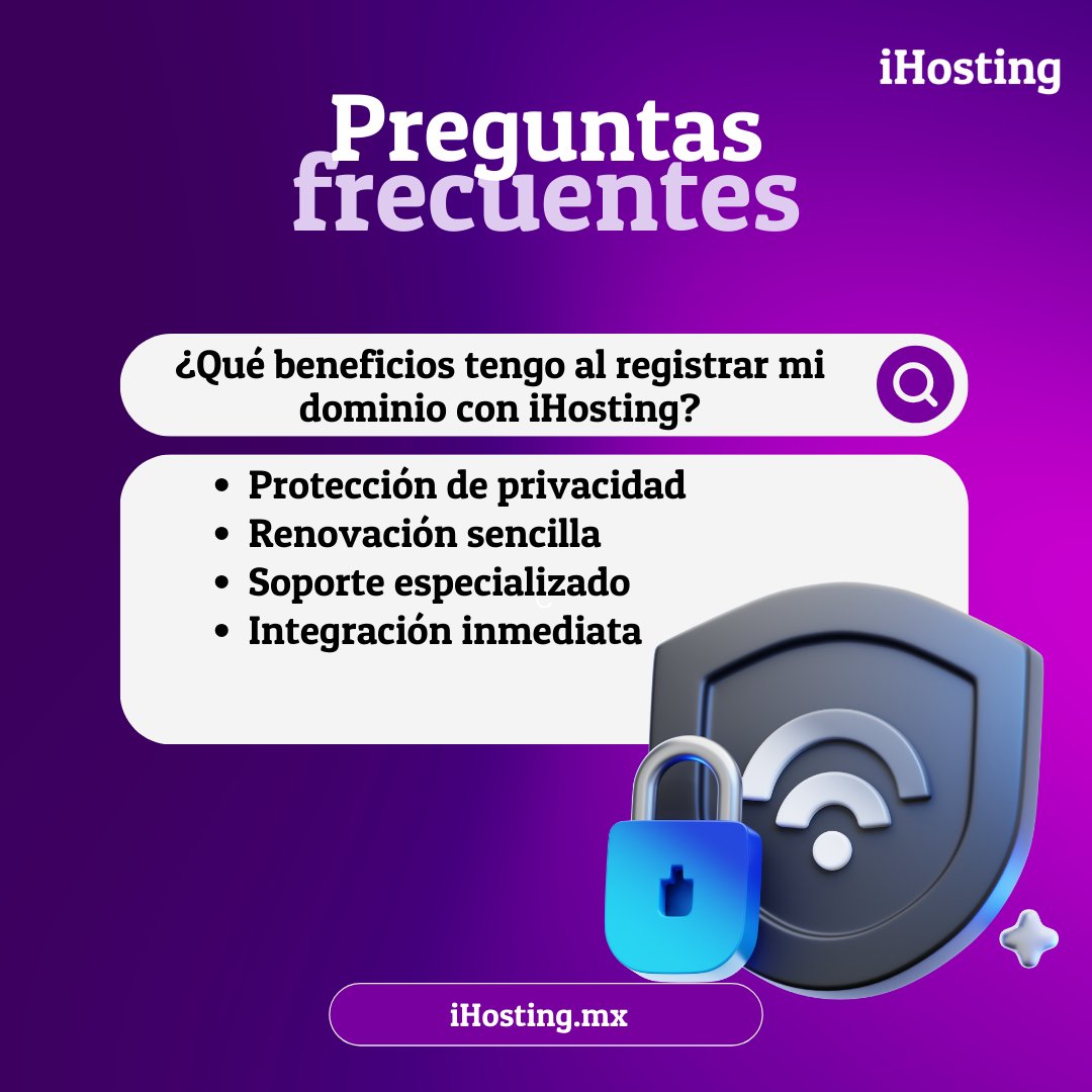 iHostingMX's tweet image. ❓ ¿Qué beneficios tengo al registrar mi dominio con iHosting?

Además de asegurar tu nombre en internet 🌐, con iHosting obtienes:
✔ Protección de privacidad.
✔ Renovación fácil.
✔ Soporte 24/7.
✔ Integración inmediata.

#FAQiHosting #DominioWeb #TuMarcaOnline