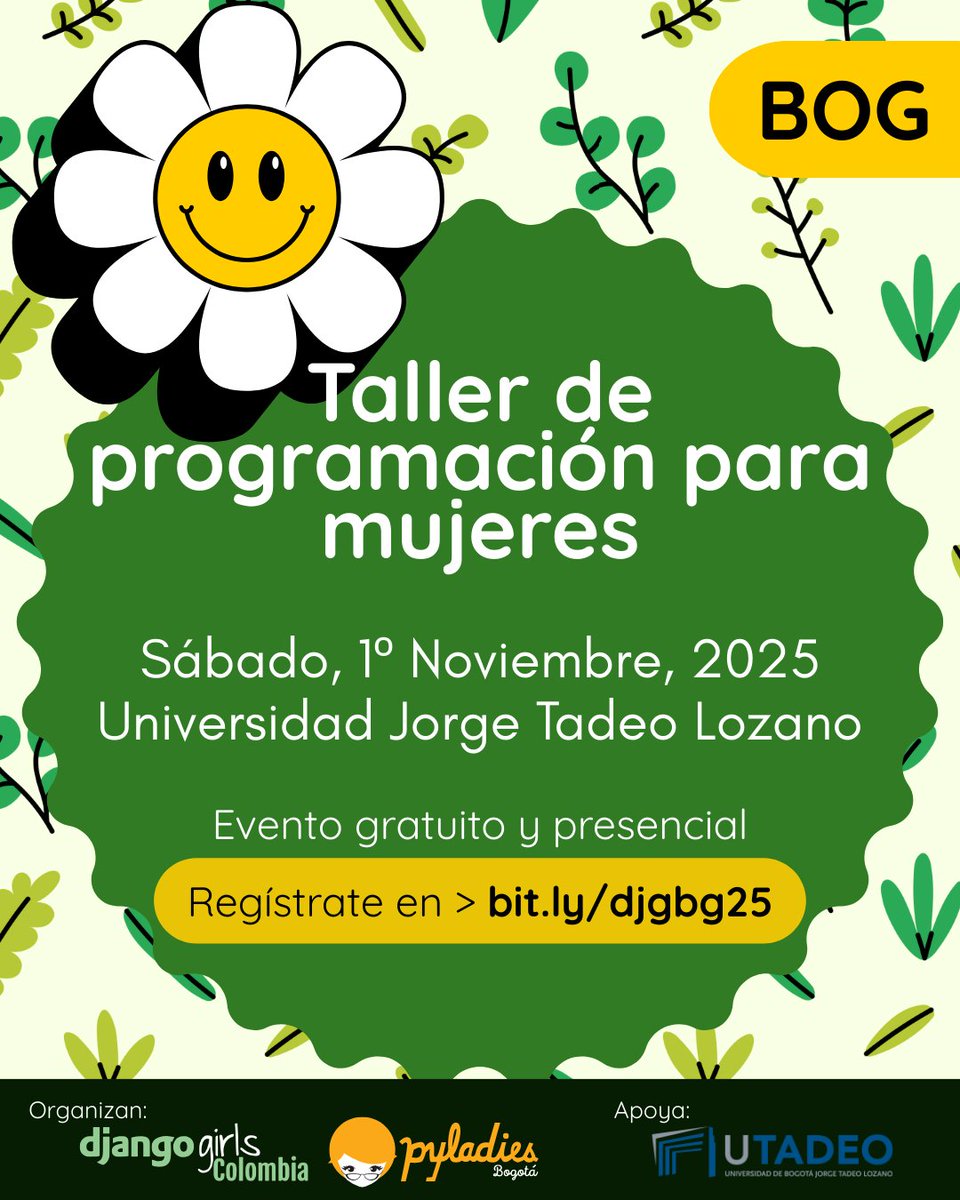 🚀 #DjangoGirls llega a Bogotá el 1 de noviembre.
Universidad Jorge Tadeo Lozano · Taller gratuito · Prioridad mujeres.
Pilas: inscripciones hasta el 12 de octubre

🔗 Más info: djangogirls.org/en/bogota