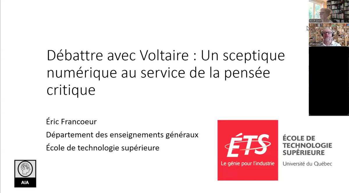 ACCP_CAID's tweet photo. L’ACCP-CAID tient à remercier Éric Francoeur pour sa présentation de l’agent conversationnel Voltaire, qu’il a créé à l’ÉTS avec son équipe technologique.

We would like to thank Éric Francoeur for his presentation on the Voltaire chatbot, created at ÉTS with his technology team. https://t.co/Rexr8UUIMZ