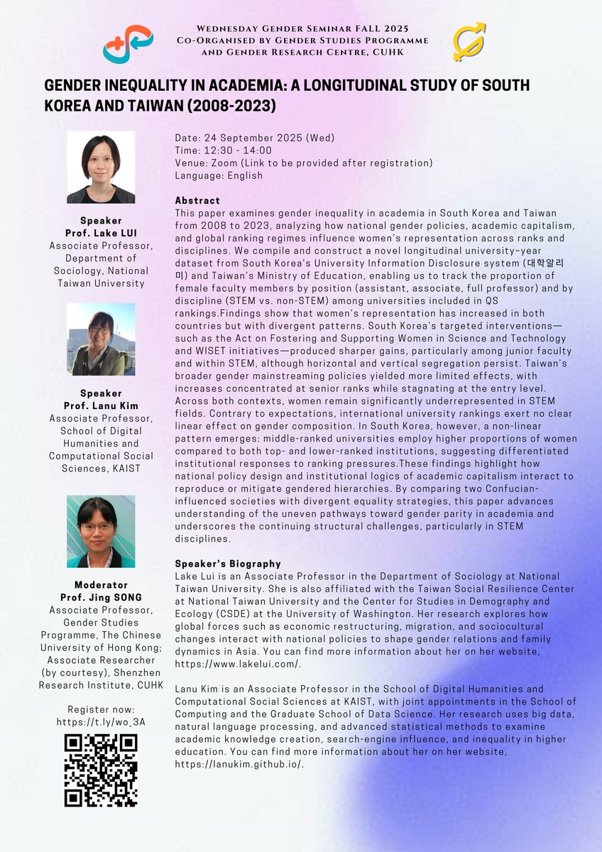 Our Lake Lui and Lanu Kim of KAIST will speak about "Gender inequality in academia: a longitudinal study of South Korea and Taiwan (2008-2023)" in a Zoom event organized by <a href="/grc_cuhk/">Gender Research Centre, CUHK</a> Gender Research Centre, CUHK on September 24.
