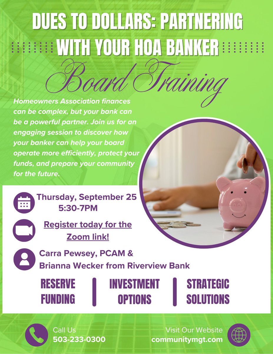 CommMgtInc's tweet image. Join CMI September 25th, from 5:30 - 7PM, via Zoom to learn how your banking partner can help your association flourish! CMI&apos;s Carra Pewsey, PCAM, and Briana Wecker, with Riverview Bank will be presenting!
#ReserveFunding #InvestmentOptions #StrategicSolutions…