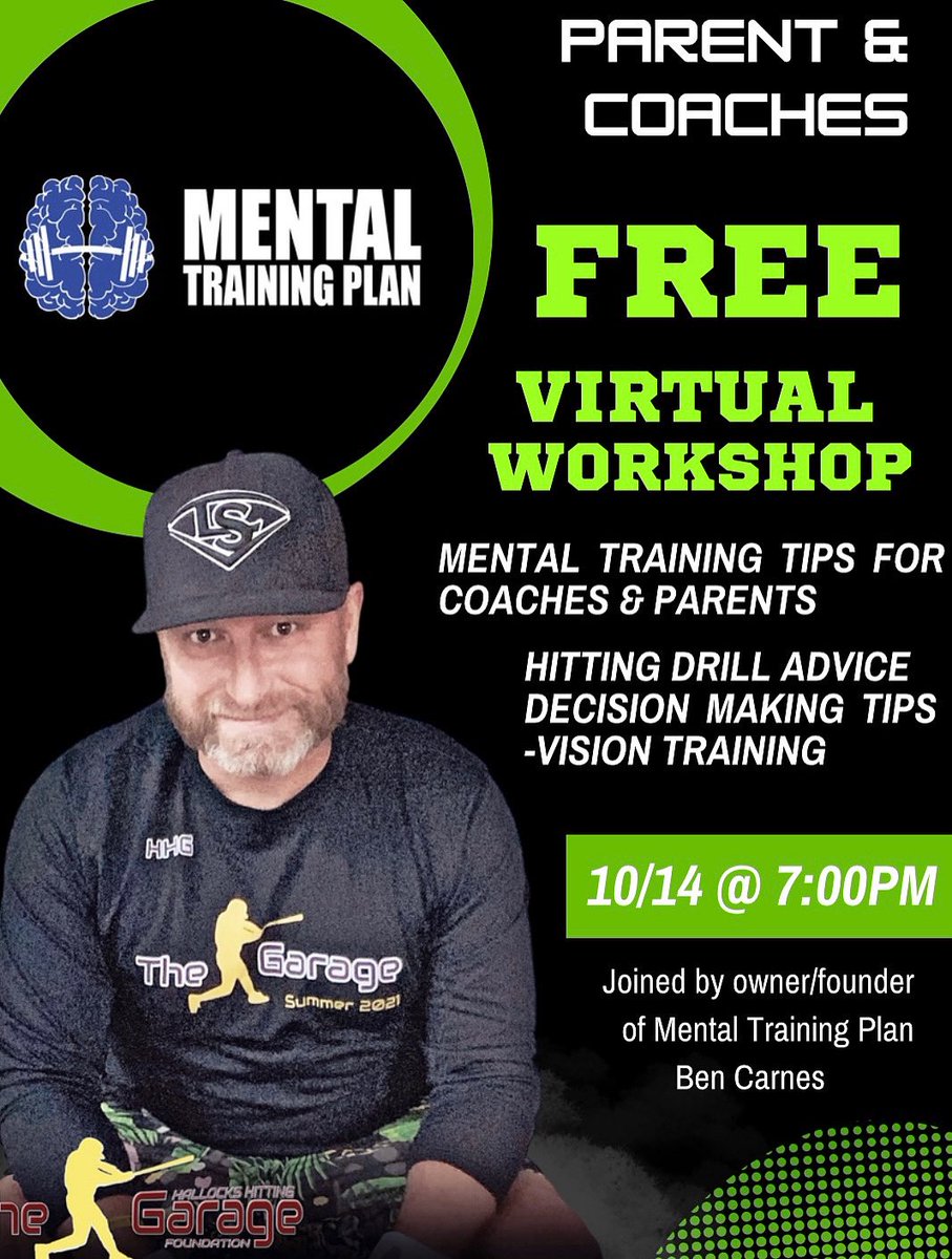 FREE Virtual Workshop 🎓
Parents &amp; Coaches w/ Matt Hallock (HHG) + Ben Carnes <a href="/MentalTrPlan/">MentalTrainingPlan</a> 
📅 Tues Oct 14, 7pm EST
🔹Mental Training for Parents/Coaches
🔹Tee Work Drills
🔹Neuro Optics
🔹Decision Making at Plate
Comment “I’m in!” for link to workshop