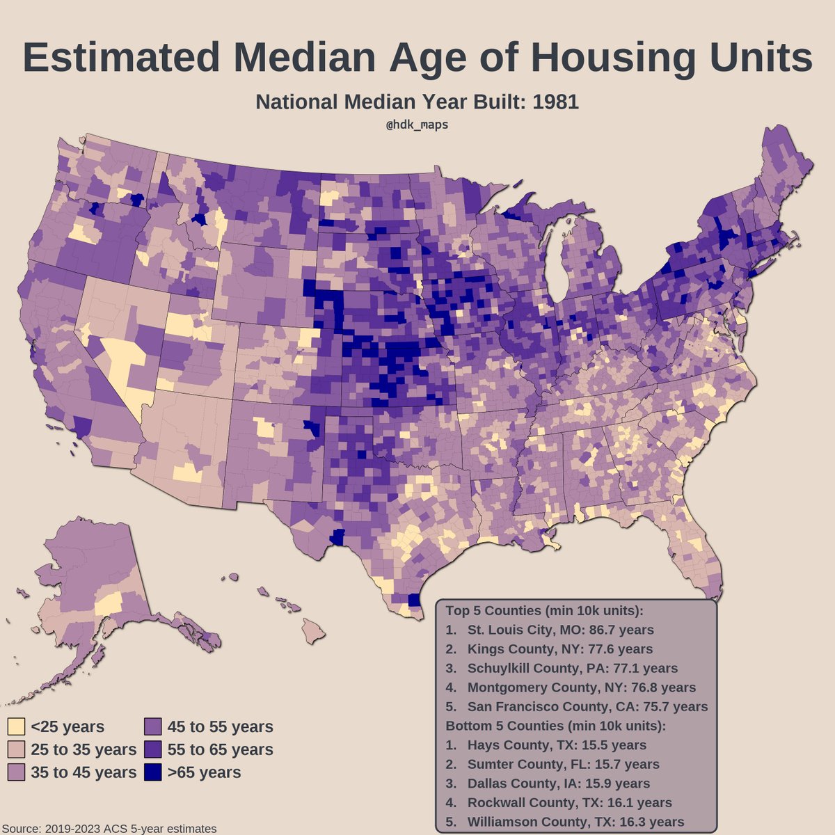 Constructed using ACS data on decade built for housing units. Assumed uniform distribution of build years within decades.