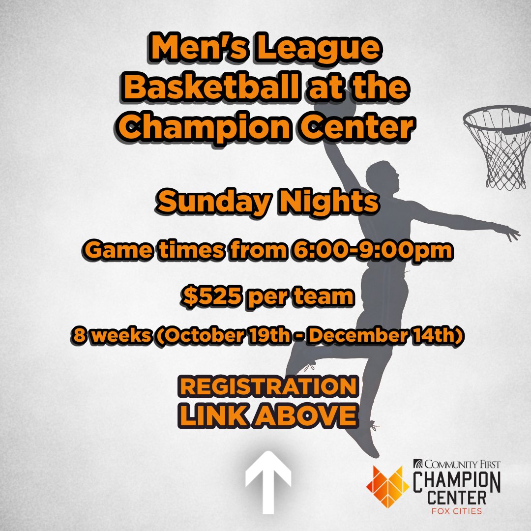 ChampionCtr's tweet photo. Men's league basketball registration is NOW OPEN!!

Registration link: https://t.co/Po92ez4YB2

Cost: $525 per team (must be paid by October 13th)
Schedule: 8 weeks, Sunday evenings
Game Times: Between 6PM – 9PM
Start Date: October 19th
End Date: December 14th (no games Nov. 2nd) https://t.co/CETxvXPEPD