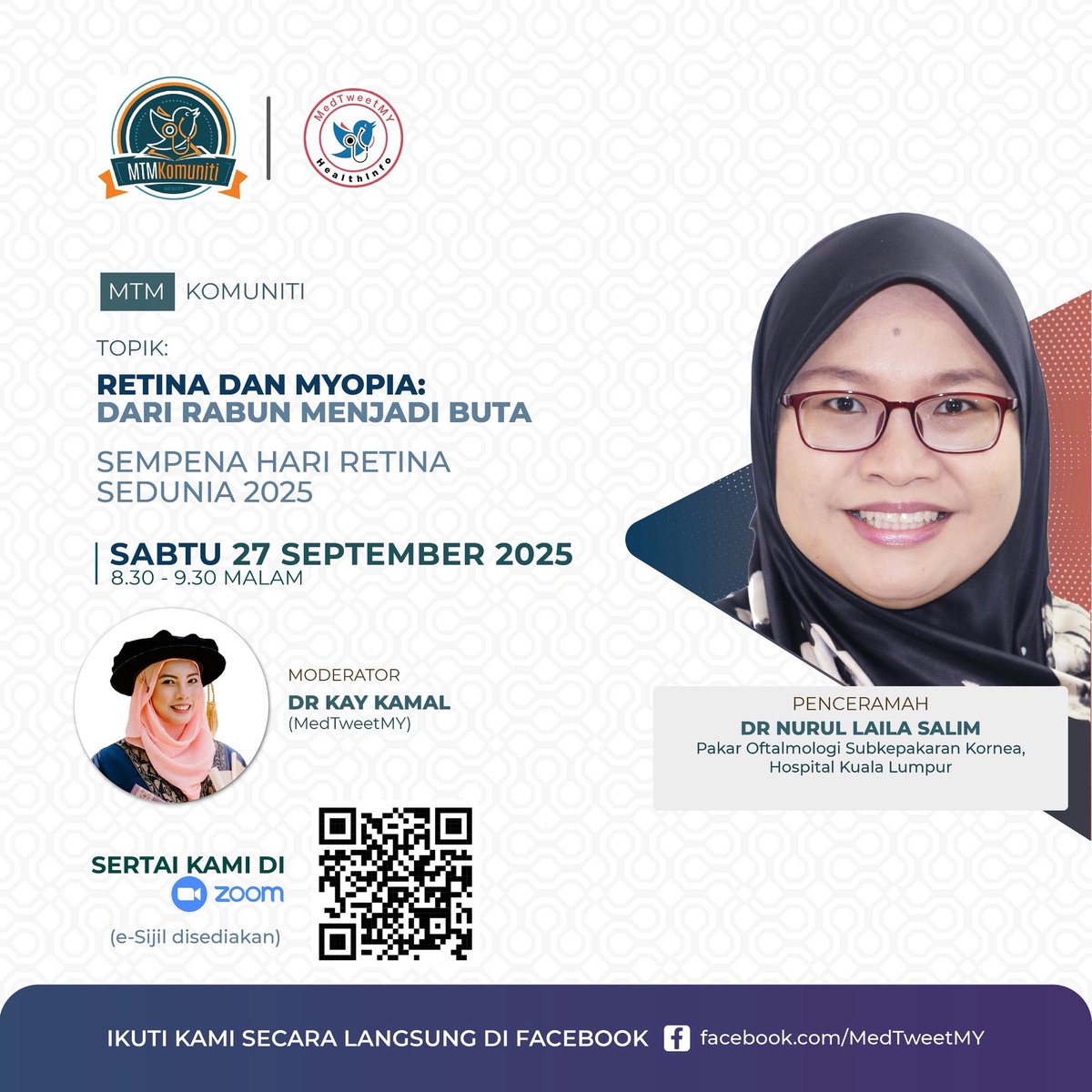 Rabun: Sekadar Perlu Cermin Mata atau Menuju Buta?
 Ramai anggap rabun cuma masalah bercermin mata tebal — sedangkan high myopia (kerabunan ringgi) boleh meningkatkan risiko kerosakan retina dan akhirnya menyebabkan kehilangan deria penglihatan. 

 Sempena Hari Retina Sedunia