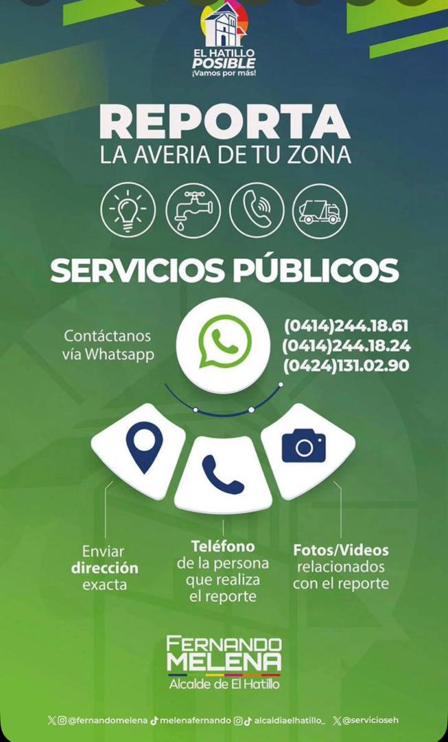 La Dirección de Servicios Públicos de la Alcaldía El Hatillo está dedicada a atender las necesidades de la comunidad. Somos enlace entre nuestros vecinos y las empresas prestadoras de servicio en las áreas de:
- 💡 Energía eléctrica 
- 💦 Agua
- 📡 Telecomunicaciones
- 🚙 Aseo