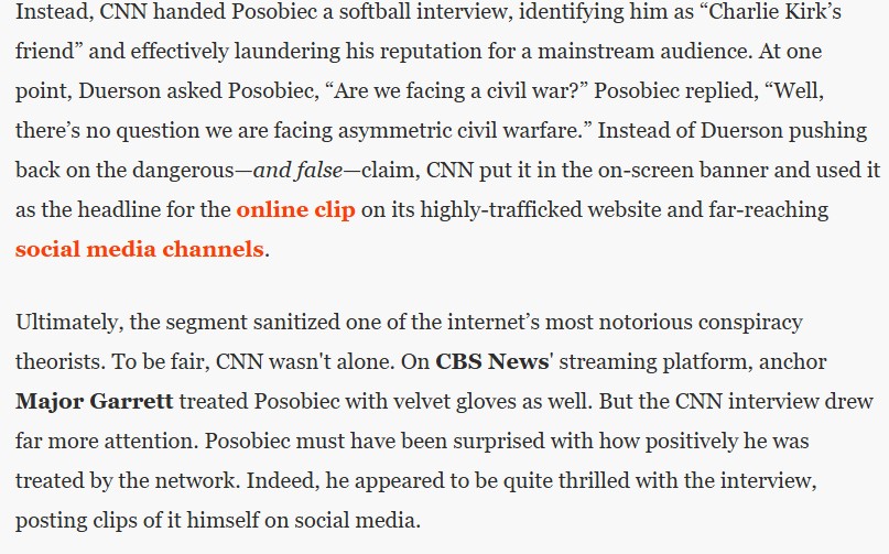 CurtisHouck's tweet image. Hilarious. Former CNN media reporter and ex-conservative reporter @OliverDarcy is actually furious that CNN and CBS News 24/7 allowed @JackPosobiec to appear as a guest to pay tribute to his late friend, Charlie Kirk.

Here's the beginning before you hit his paywall